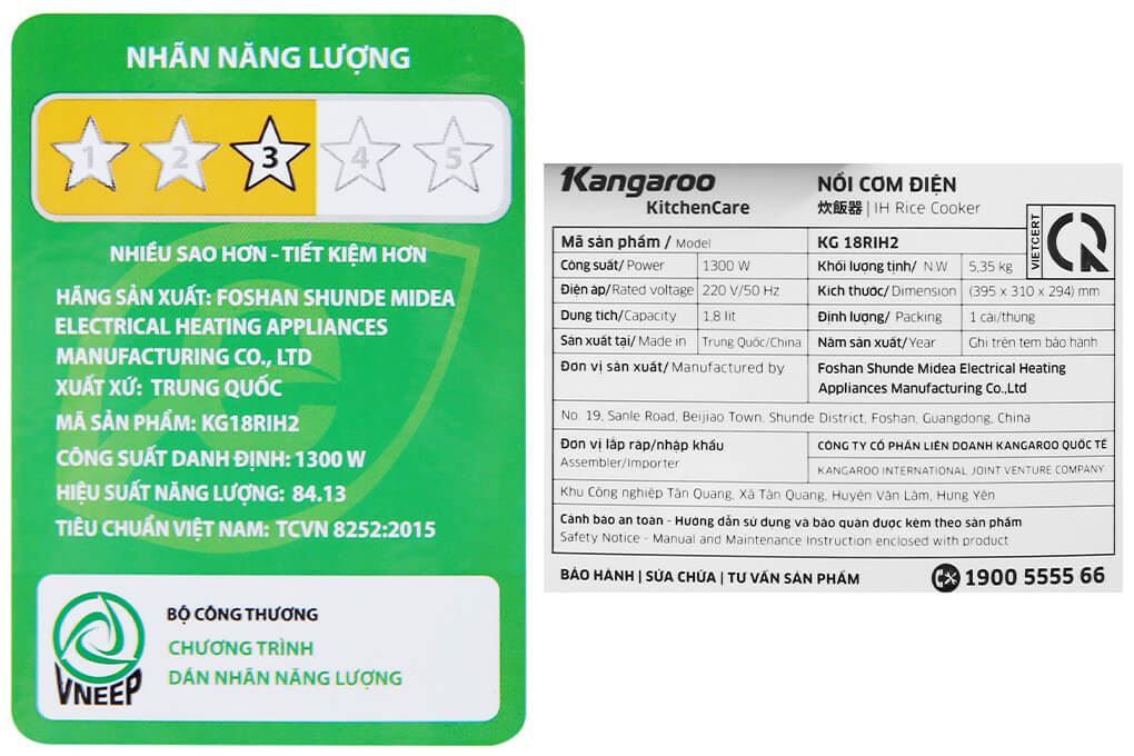 Nồi cơm cao tần Kangaroo 1.8 lít KG18RIH2 Màu Xám đậm
