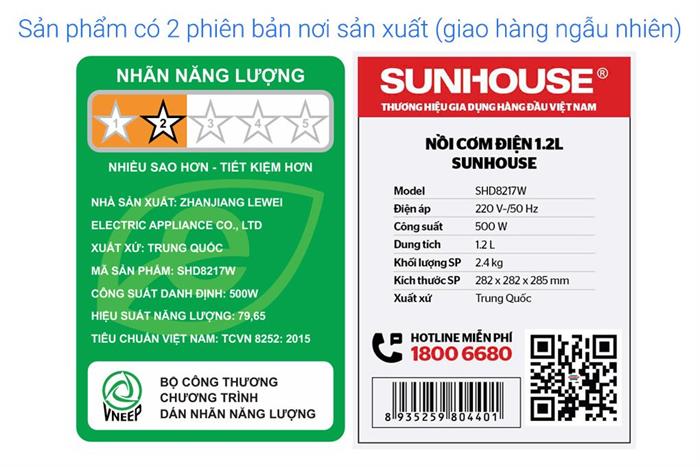 Nồi cơm nắp gài Sunhouse 1.2 lít SHD8217W Màu Trắng - Hồng