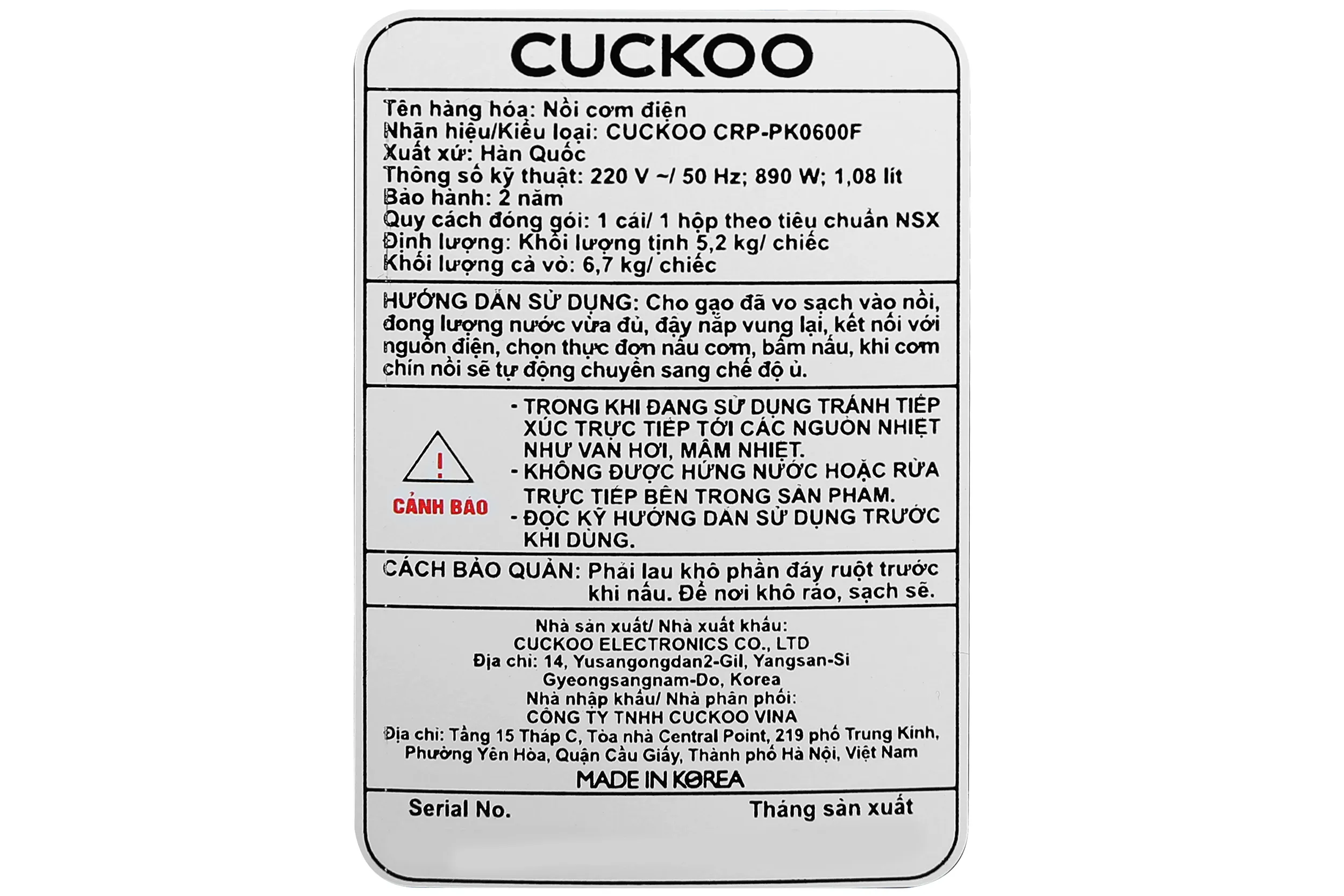 Nồi cơm điện tử áp suất Cuckoo 1.08 lít CRP-PK0600F/BKRDVN Màu Đen - Đỏ