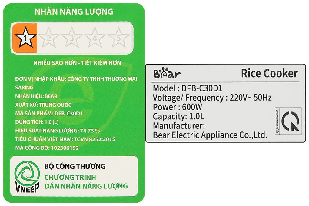 Nồi cơm điện tử Bear 1 lít DFB-C30D1 Màu Trắng