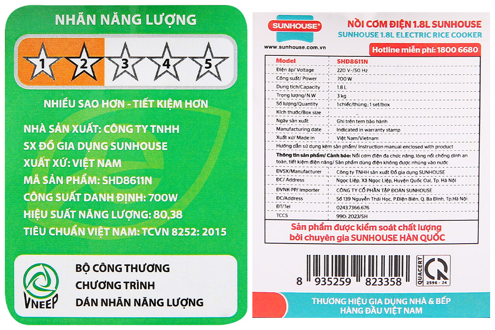 Nồi cơm nắp gài Sunhouse 1.8 lít SHD8611N Màu Xanh Tím Than