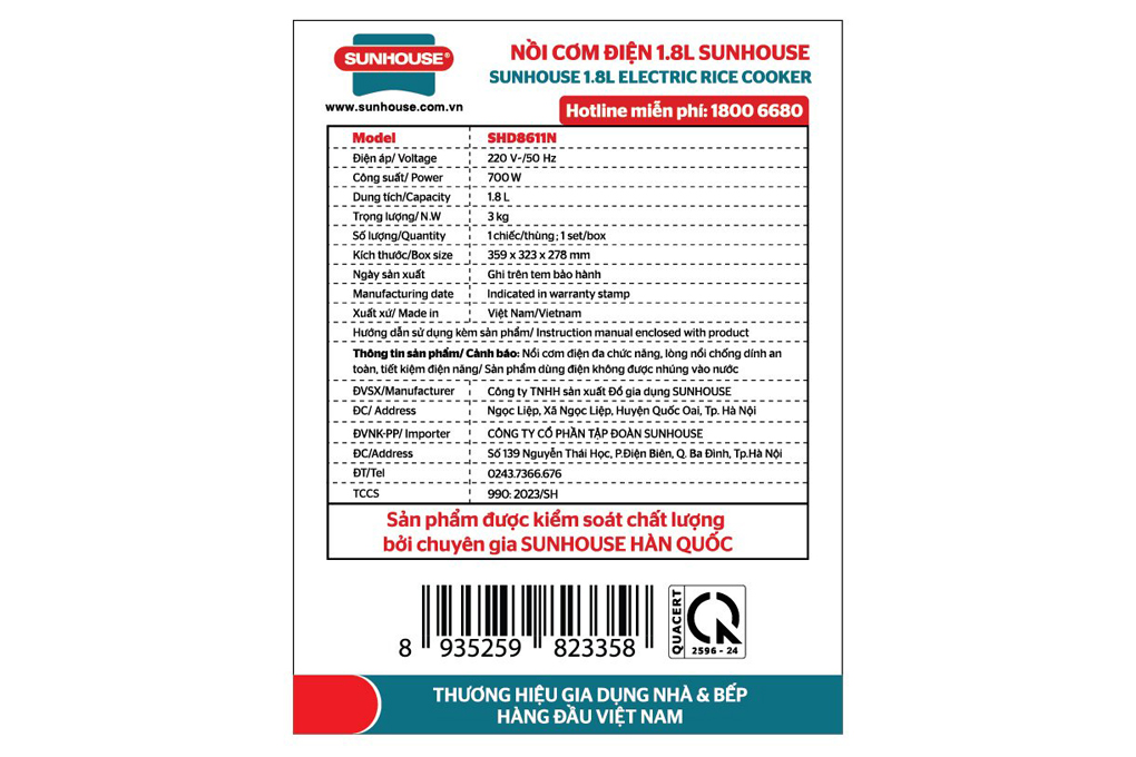 Nồi cơm nắp gài Sunhouse 1.8 lít SHD8611N - 15