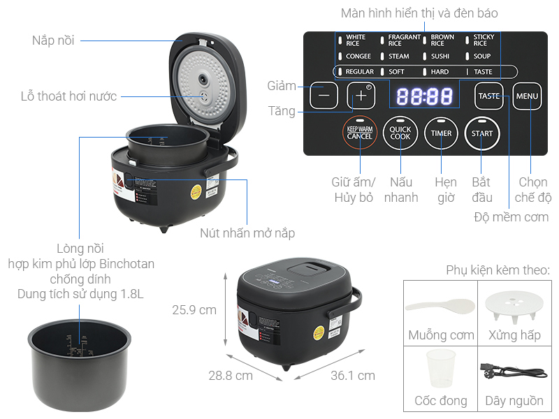 Nồi cơm điện tử Toshiba 1.8 lít RC-18DR4TVN(H) - Xám đậm