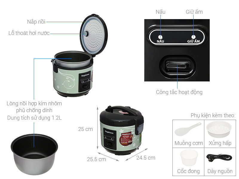 Nồi cơm nắp gài Nagakawa 1.2 lít NRC3812