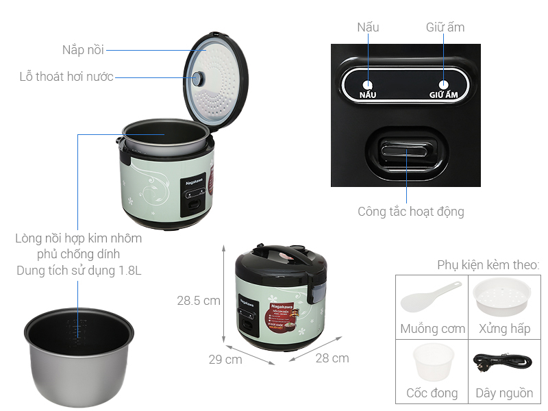 Nồi cơm nắp gài Nagakawa 1.8 lít NRC3823