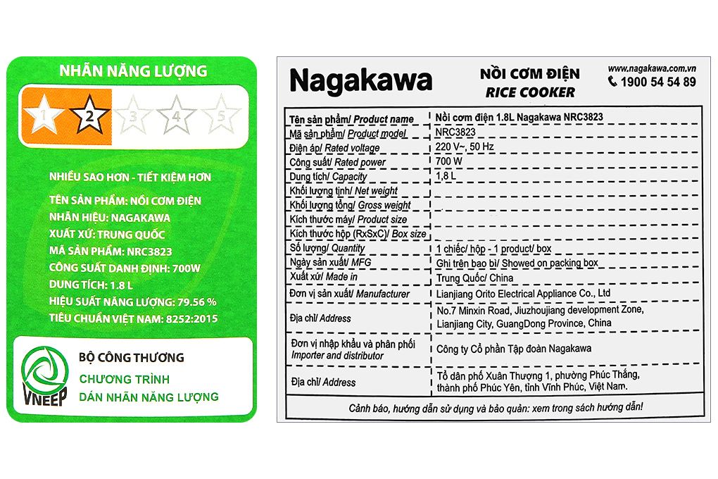 Nồi cơm nắp gài Nagakawa 1.8 lít NRC3823 Màu Xanh lá