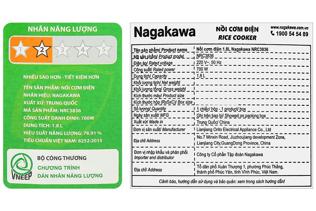 Nồi cơm nắp gài Nagakawa 1.8 lít NRC3836 Màu Xanh đậm