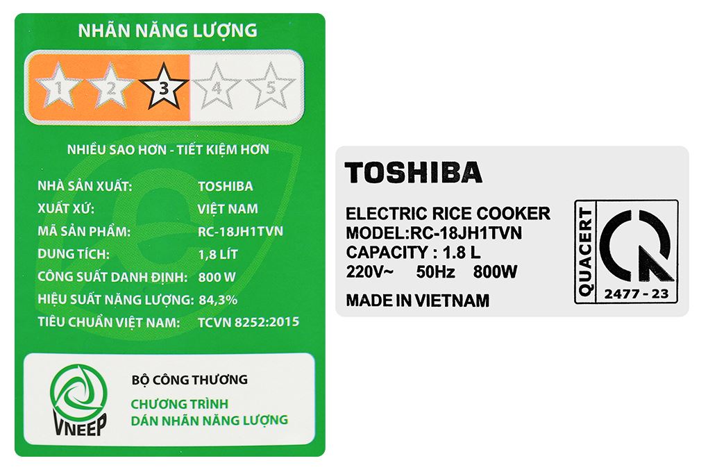 Nồi cơm nắp gài Toshiba 1.8 lít RC-18JH1TVN(N) Màu Trắng - Vàng