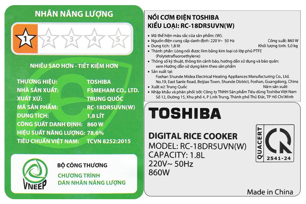 Nồi cơm điện tử Toshiba 1.8 lít RC-18DR5UVN(W) Màu Trắng