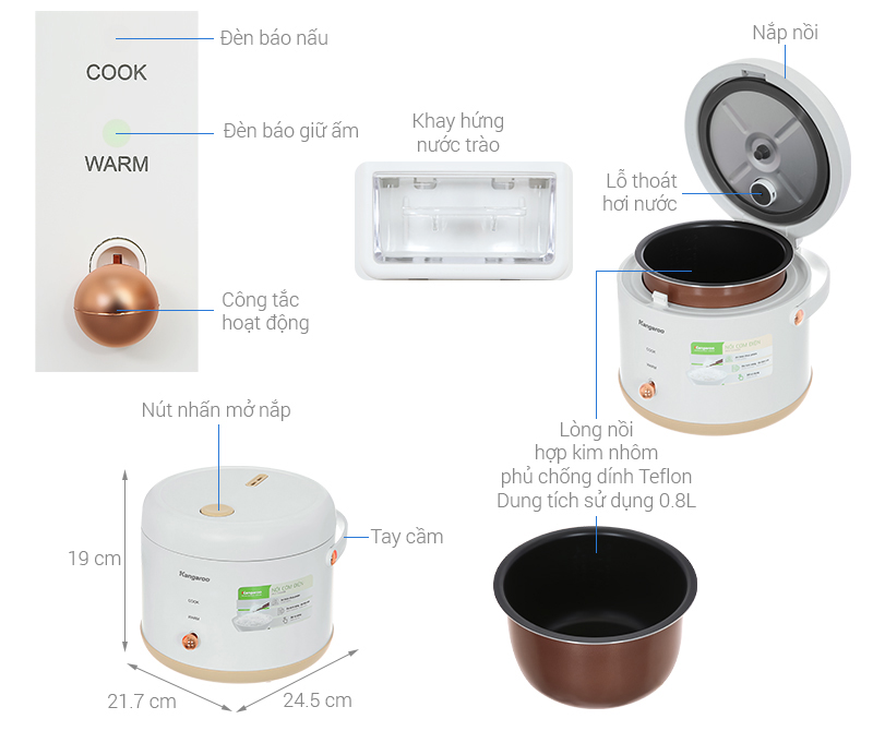 Nồi cơm nắp gài Kangaroo 0.8 lít KGRC08M3
