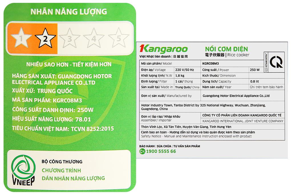 Nồi cơm nắp gài Kangaroo 0.8 lít KGRC08M3 Màu Trắng