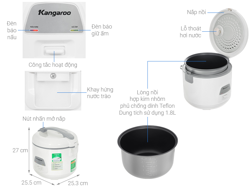 Nồi cơm nắp gài Kangaroo 1.8 lít KGRC18M8