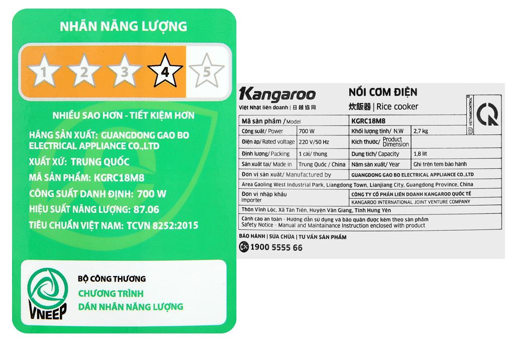 Nồi cơm nắp gài Kangaroo 1.8 lít KGRC18M8 Màu Trắng