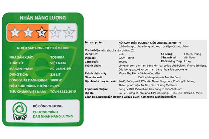 Nồi cơm nắp rời Toshiba 2.8 lít RC-28MH1PV(G) Màu Trắng