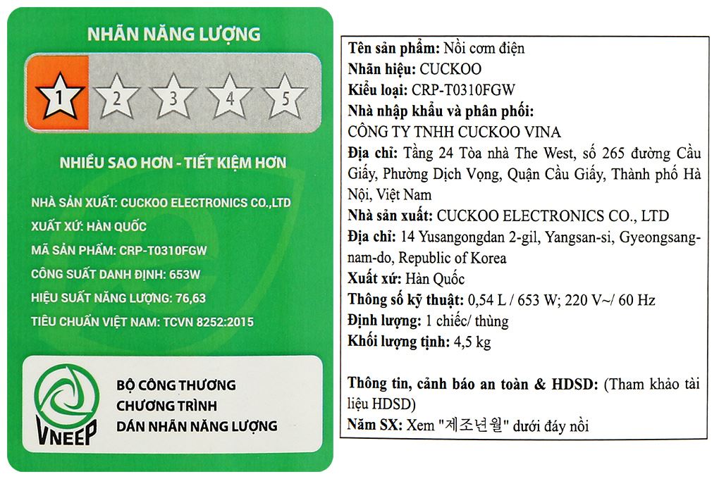 Nồi cơm điện tử áp suất Cuckoo 0.54 lít CRP-T0310FGW Màu Trắng