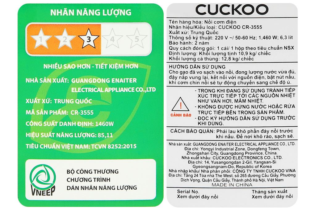 Nồi cơm nắp gài Cuckoo 6.3 lít CR-3555/BKSTVNCRCV Màu Đen - Xám