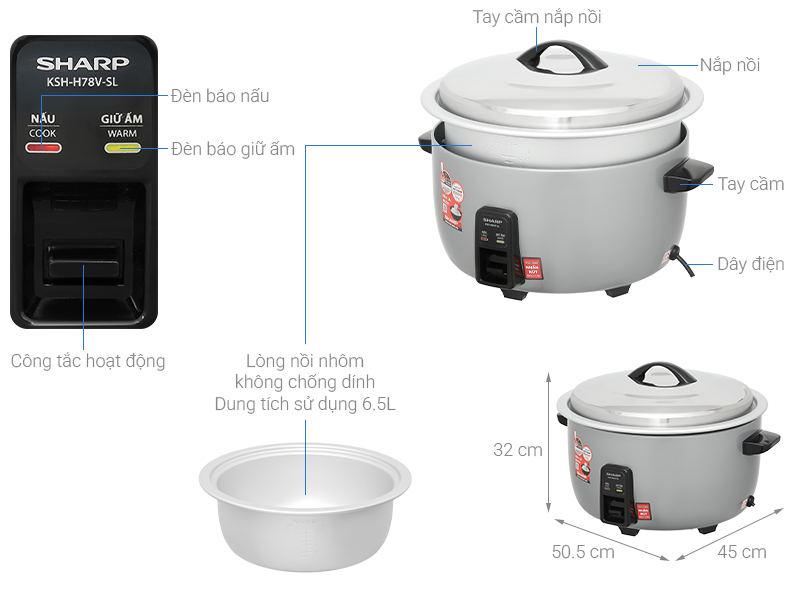 Nồi cơm nắp rời Sharp 6.5 lít KSH-H65V-SL
