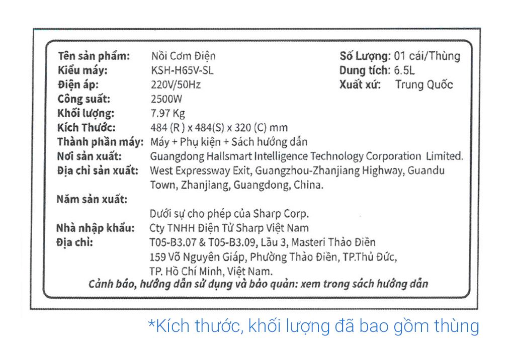 Nồi cơm nắp rời Sharp 6.5 lít KSH-H65V-SL Màu Bạc