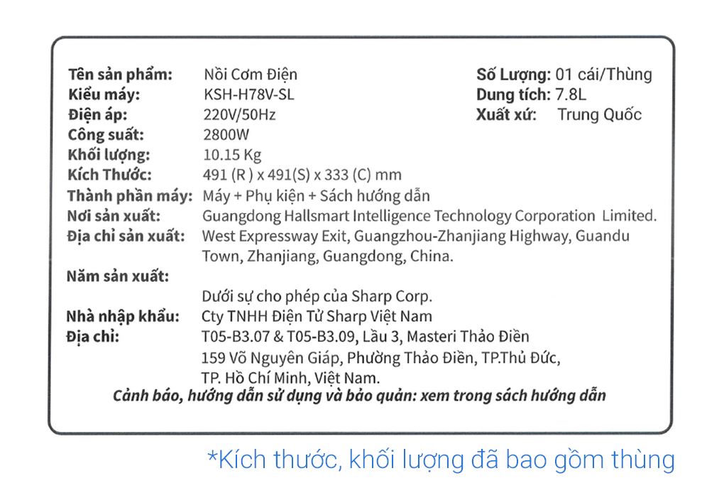 Nồi cơm nắp rời Sharp 7.8 lít KSH-H78V-SL Màu Bạc