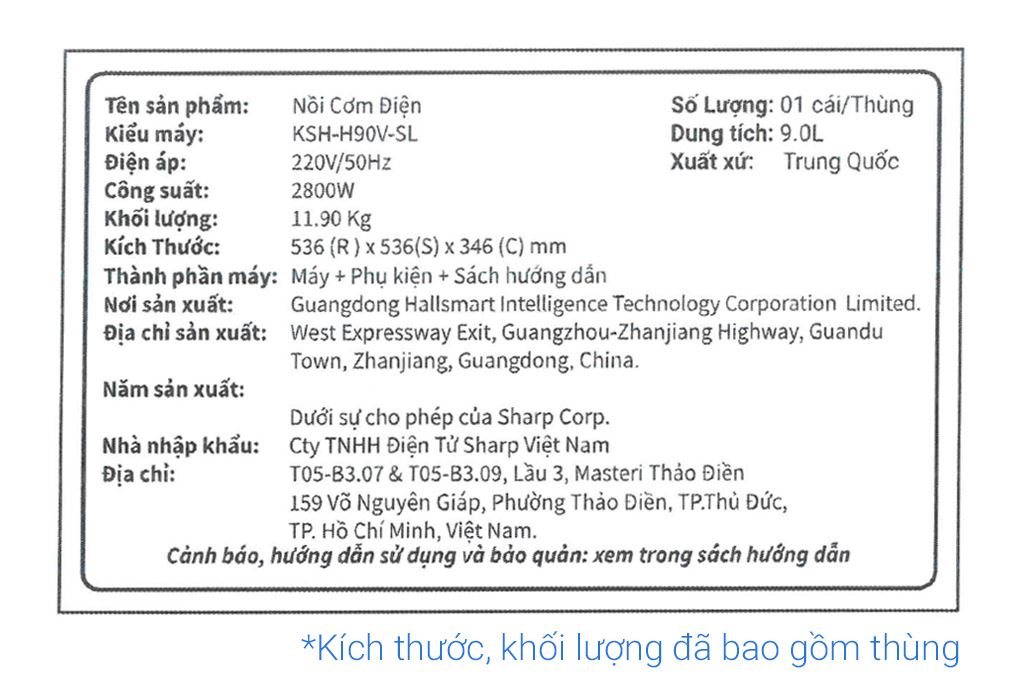 Nồi cơm nắp rời Sharp 9 lít KSH-H90V-SL Màu Bạc
