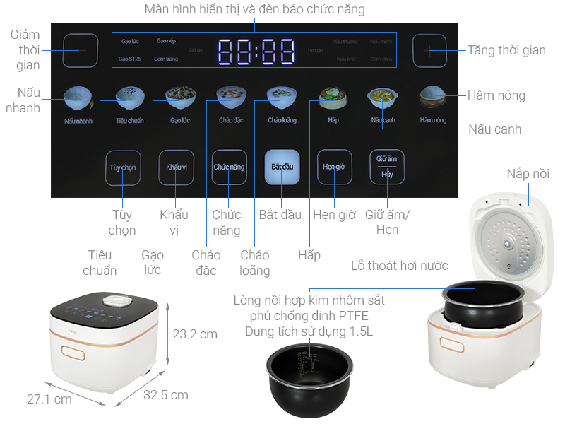 Nồi cơm điện cao tần AQUA 1.5 lít AQS-RIH401R(W)-VN