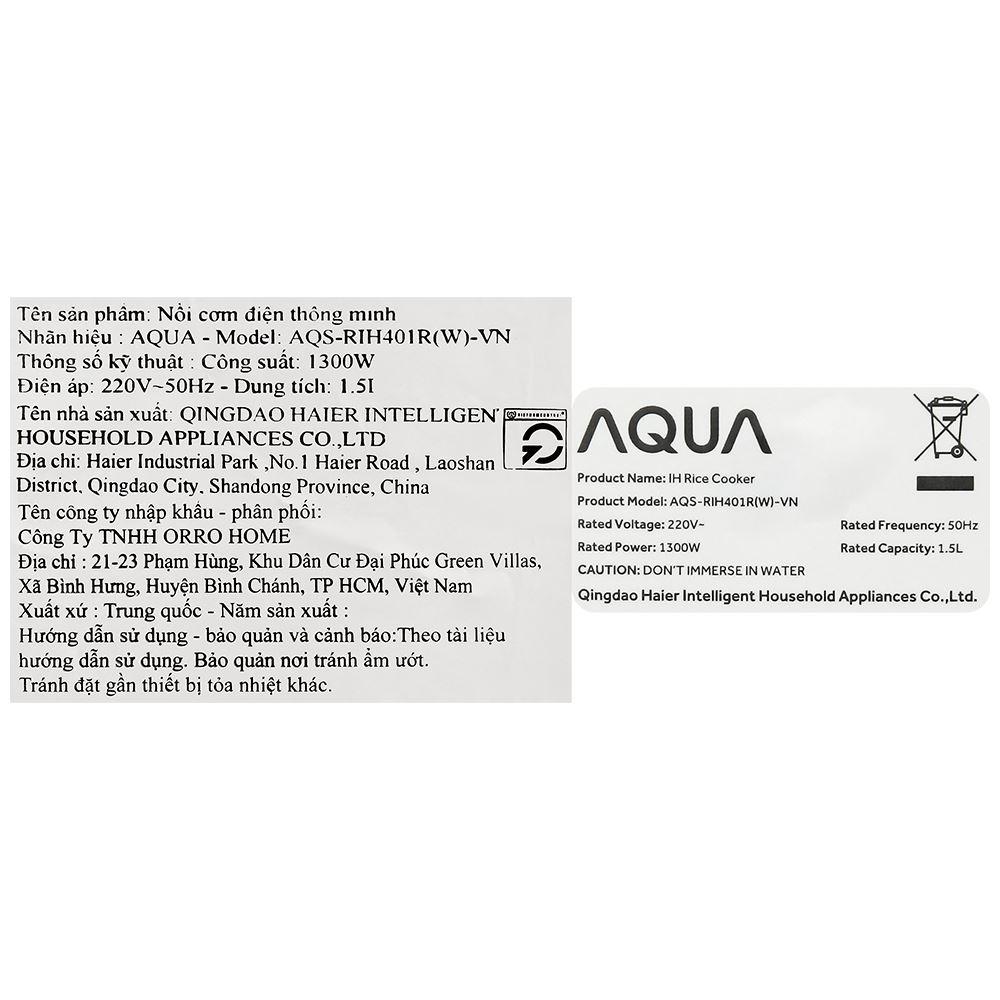 Nồi cơm điện cao tần AQUA 1.5 lít AQS-RIH401R(W)-VN Màu Trắng