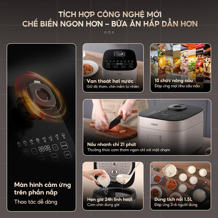 Nồi cơm điện tử AQUA 1.5 lít AQS-RBC401R(N)-VN hoạt động với công suất 750W, kết hợp công nghệ nấu 3D (tỏa nhiệt từ 3 hướng: đáy, thân, nắp)