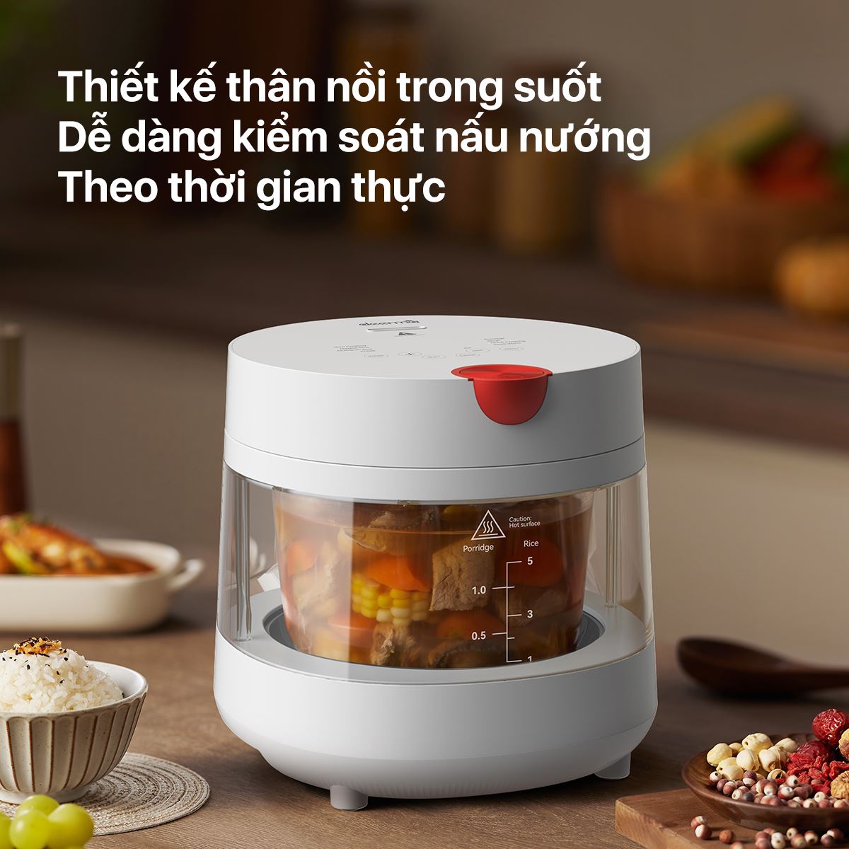 Nồi cơm điện tử Deerma 3 lít DEM-FB15W thiết kế trong suốt chất liệu thuỷ tinh cao cấp