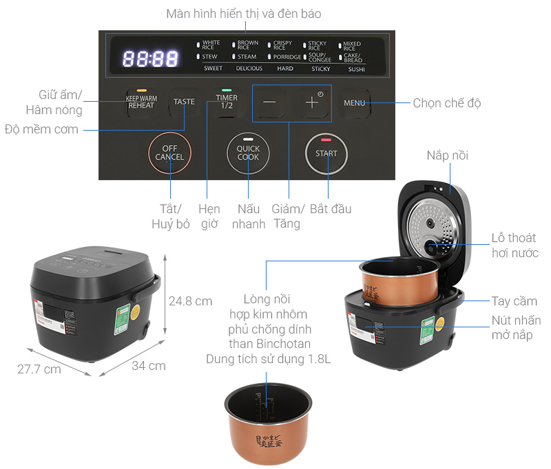 Nồi cơm điện tử Toshiba 1.8 lít RC-18DR5UVN(H)