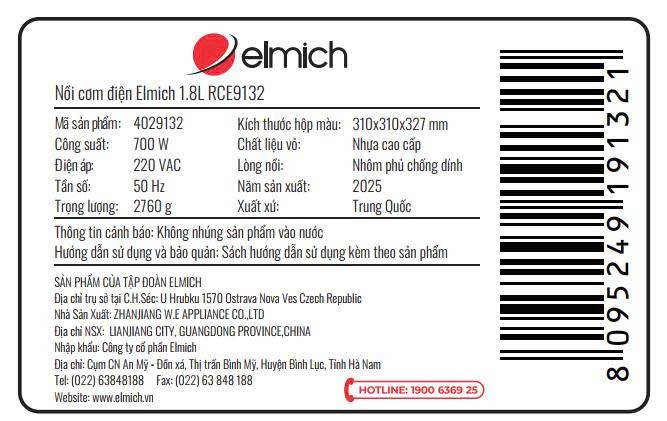 Nồi cơm điện Elmich 1.8 lít RCE-9132 Màu Xanh mint