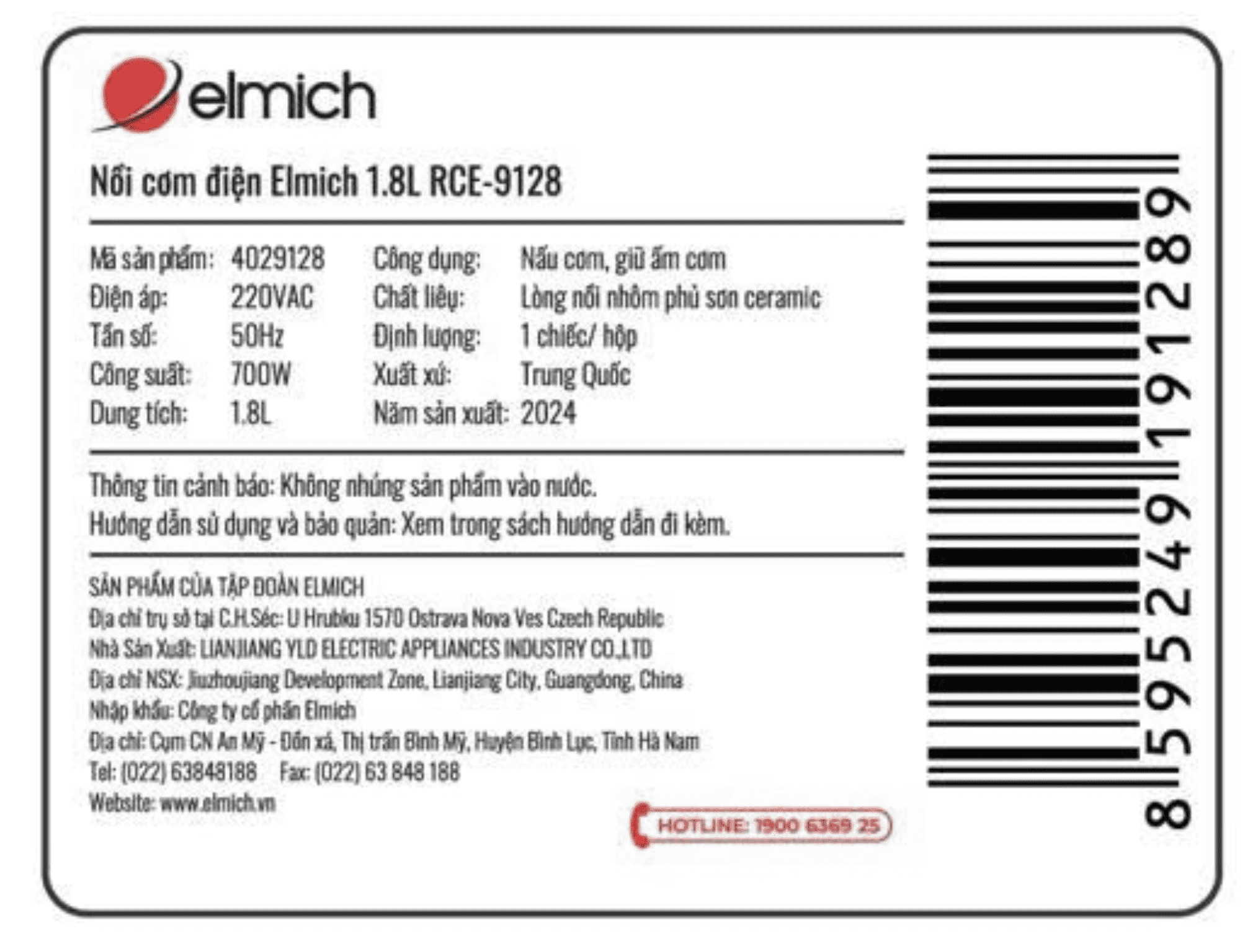Nồi cơm điện Elmich 1.8 lít RCE-9128 Màu Trắng - Kem