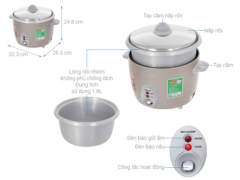 Nồi cơm nắp rời Sharp 1.8 lít KSH-F188V-GB