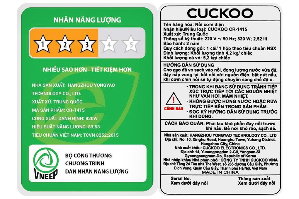 Nồi cơm nắp gài Cuckoo 2.52 lít CR-1415 Màu Xám