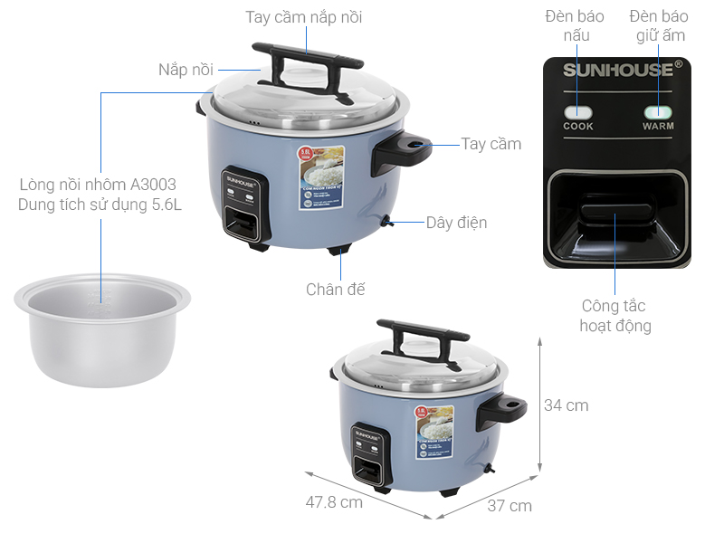 Nồi cơm nắp rời Sunhouse 5.6 lít SHD8156