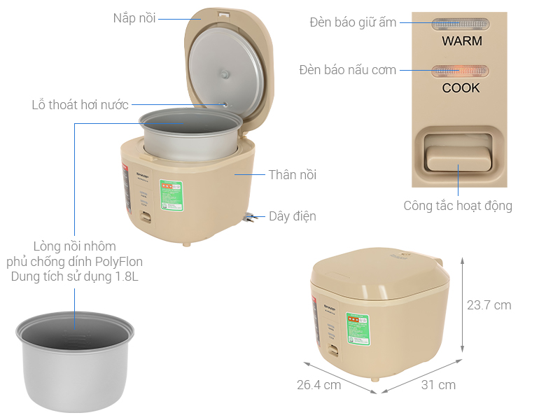 Nồi cơm nắp gài Sharp 1.8 lít KS-PR18ETV-VA