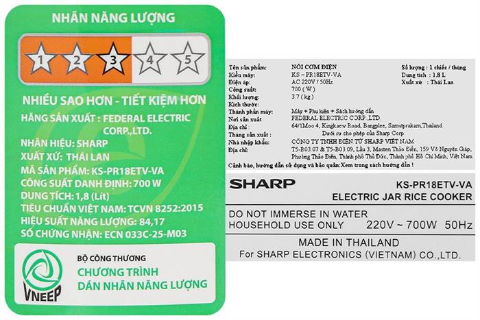 Nồi cơm nắp gài Sharp 1.8 lít KS-PR18ETV-VA Màu Kem