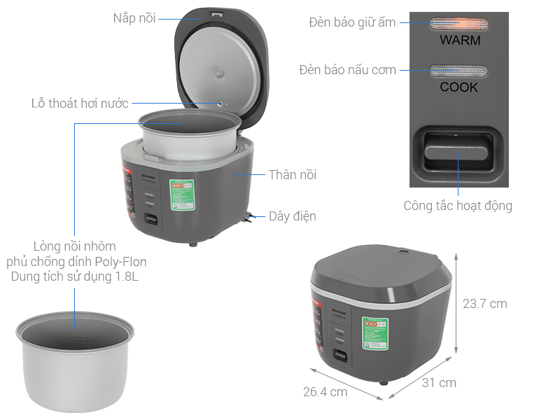Nồi cơm nắp gài Sharp 1.8 lít KS-PR19ETV-GR