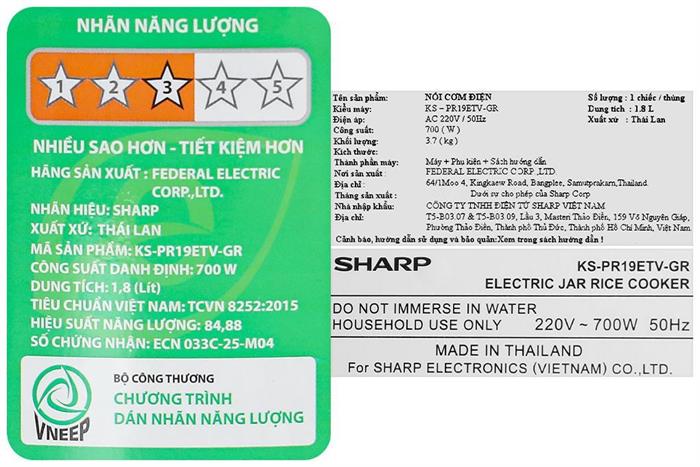 Nồi cơm nắp gài Sharp 1.8 lít KS-PR19ETV-GR Màu Xám