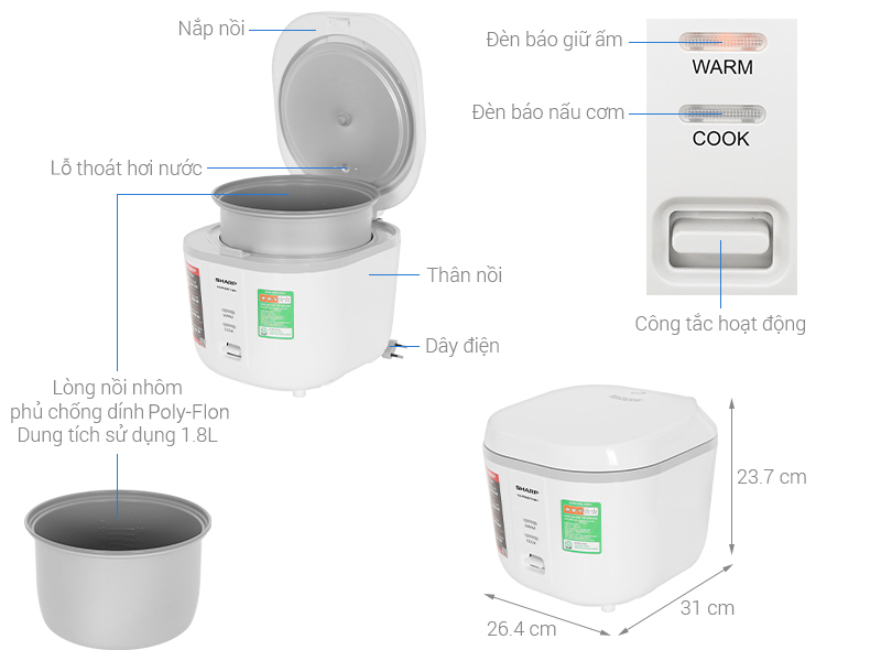 Nồi cơm nắp gài Sharp 1.8 lít KS-PR20ETV-WH