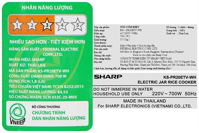 Nồi cơm nắp gài Sharp 1.8 lít KS-PR20ETV-WH Màu Trắng