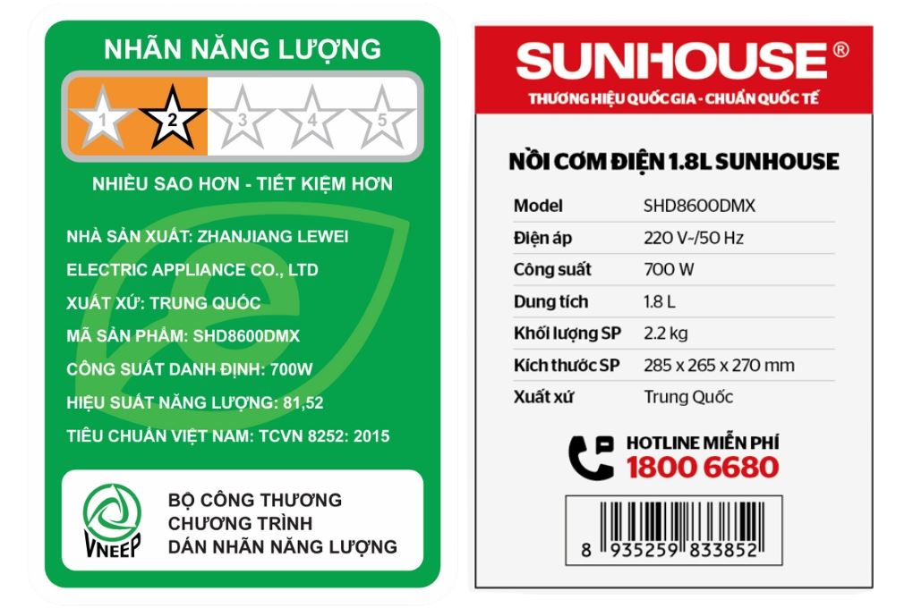 Nồi cơm nắp gài Sunhouse 1.8 lít SHD8600DMX Màu Xám