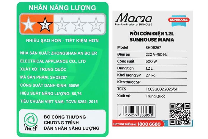 Nồi cơm nắp gài Sunhouse Mama 1.2 lít SHD8267 Màu Kem