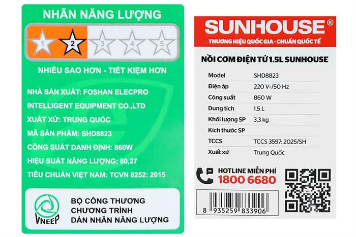 Nồi cơm điện tử Sunhouse 1.5 lít SHD8823 Màu Đen