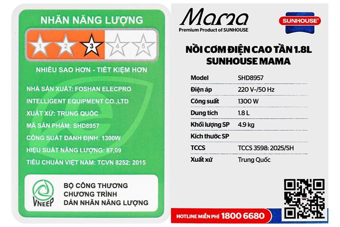 Nồi cơm điện cao tần Sunhouse Mama 1.8 lít SHD8957 Màu Trắng