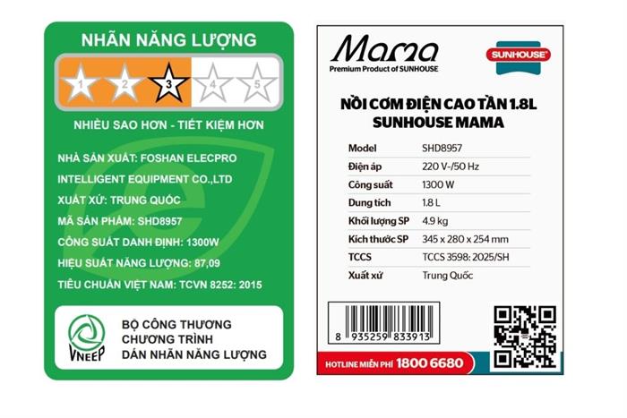 Nồi cơm điện cao tần Sunhouse Mama 1.8 lít SHD8957 Màu Trắng
