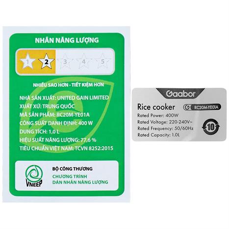 Nồi cơm nắp gài Gaabor 1.0 lít RC20M-YE01A Màu Bạc