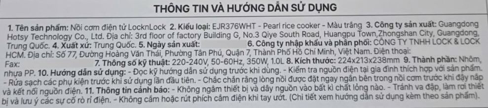 Nồi cơm điện tử Lock&Lock 1 lít EJR376WHT Màu Trắng