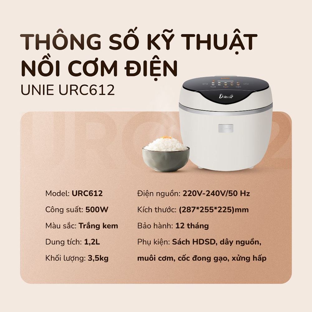 Nồi cơm điện tử Unie 1.2 lít URC612 Màu Màu be