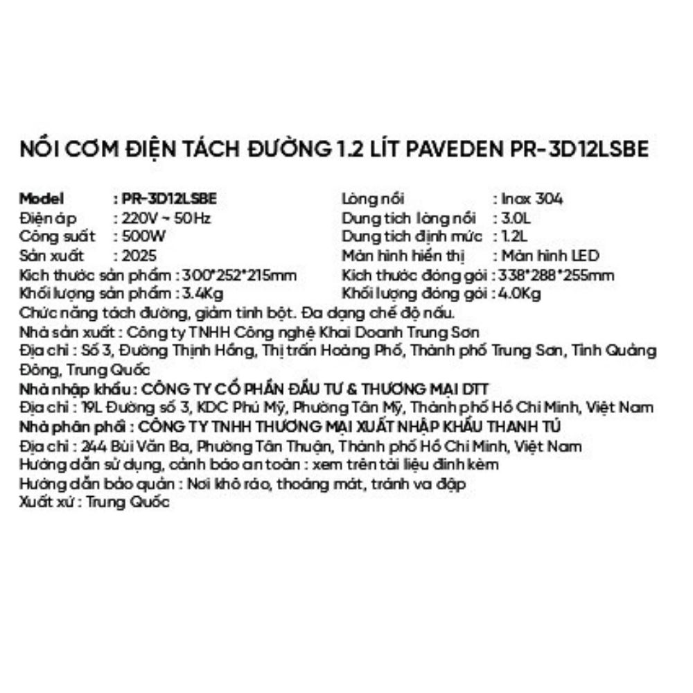 Nồi cơm điện tách đường Paveden 1.2 lít PR-3D12LSBE Màu Màu be