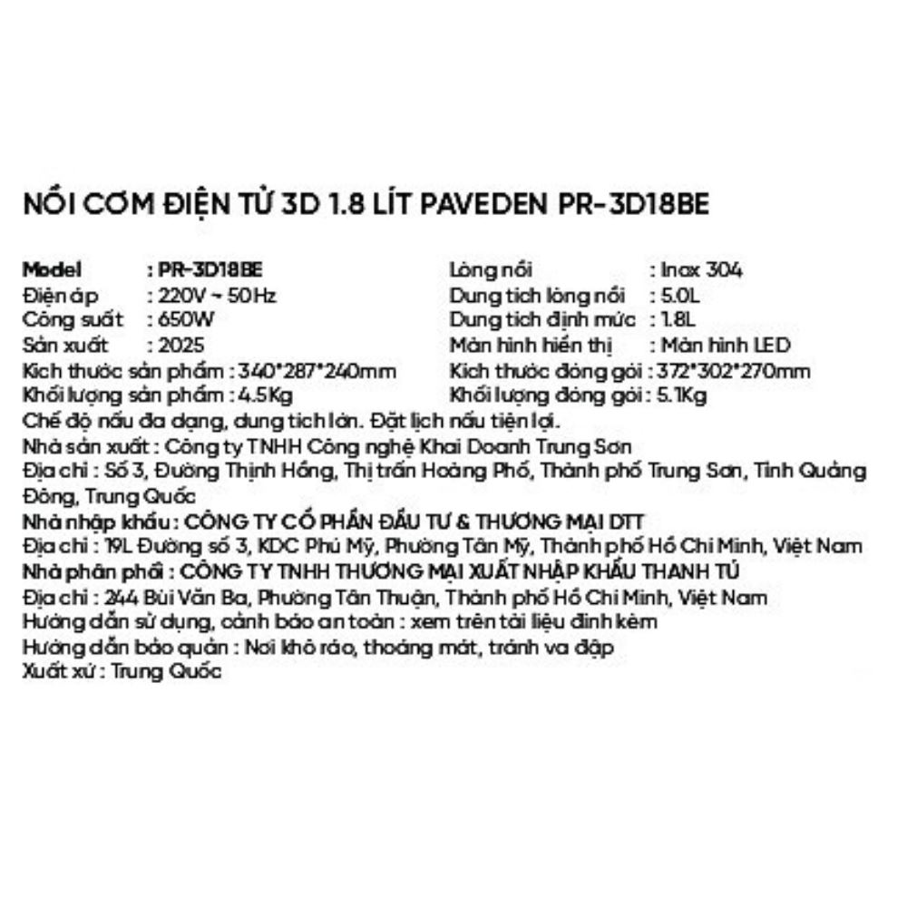 Nồi cơm điện tử Paveden 1.8 lít PR-3D18BE - 7